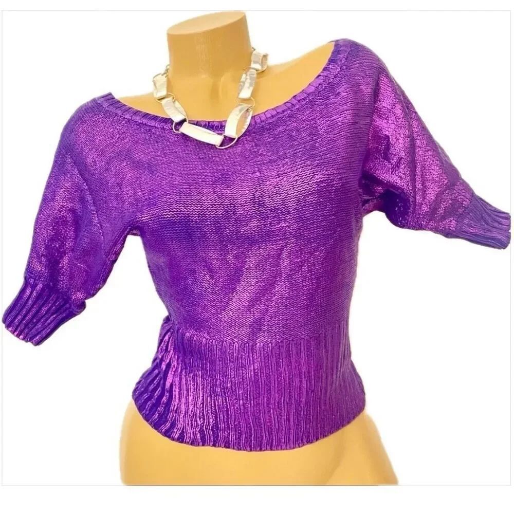 NWT Gorgeous Bongo S Stretch Metallic Purple Dolman Sleeve Round Neck Blouse Top